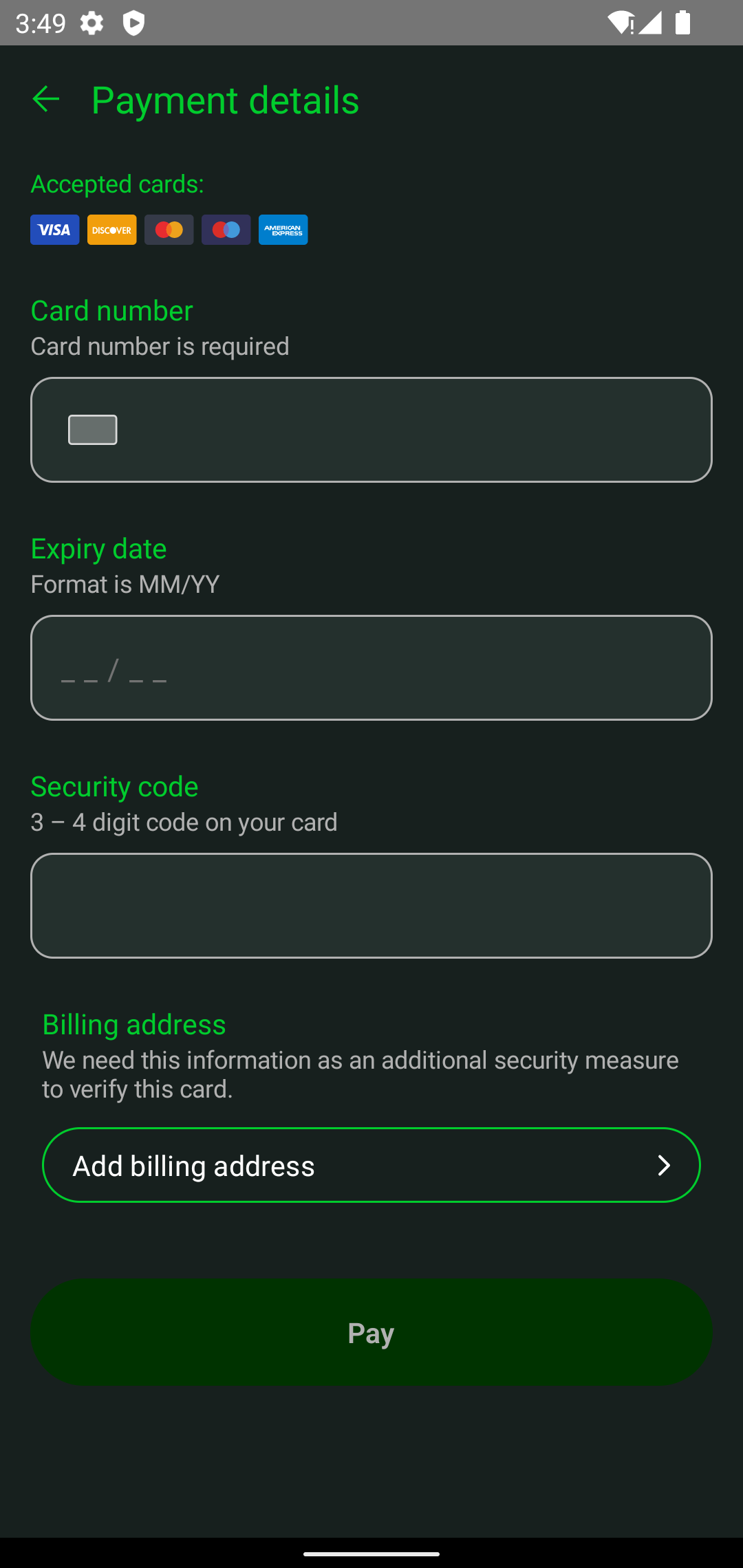 The default payment form